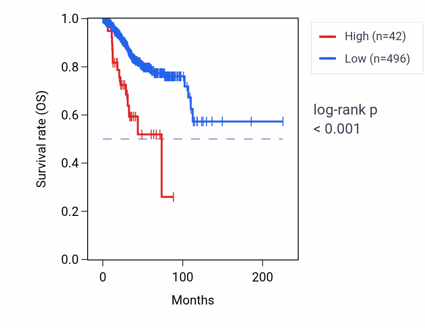 Kaplan&ndash;Meier survival curve for LINC02646 RNA expression in UCEC: high vs low expression groups.