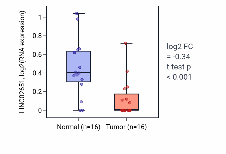 Tumor-vs-normal expression box plot for LINC02651 in KIRP.