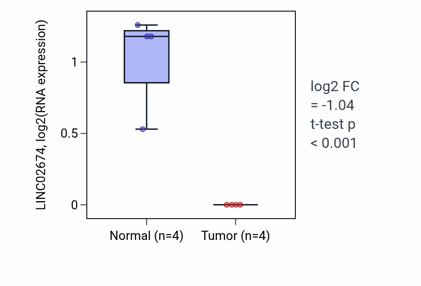 Tumor-vs-normal expression box plot for LINC02674 in KIRP.