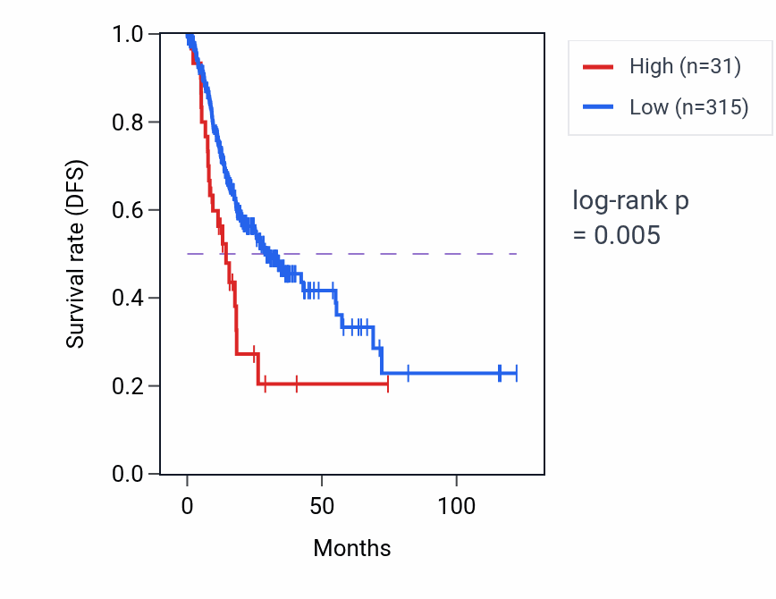 Kaplan&ndash;Meier survival curve for LINC02686 RNA expression in STAD: high vs low expression groups.