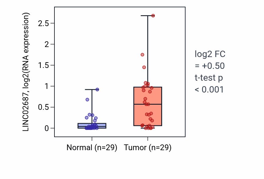 Tumor-vs-normal expression box plot for LINC02687 in HNSC.