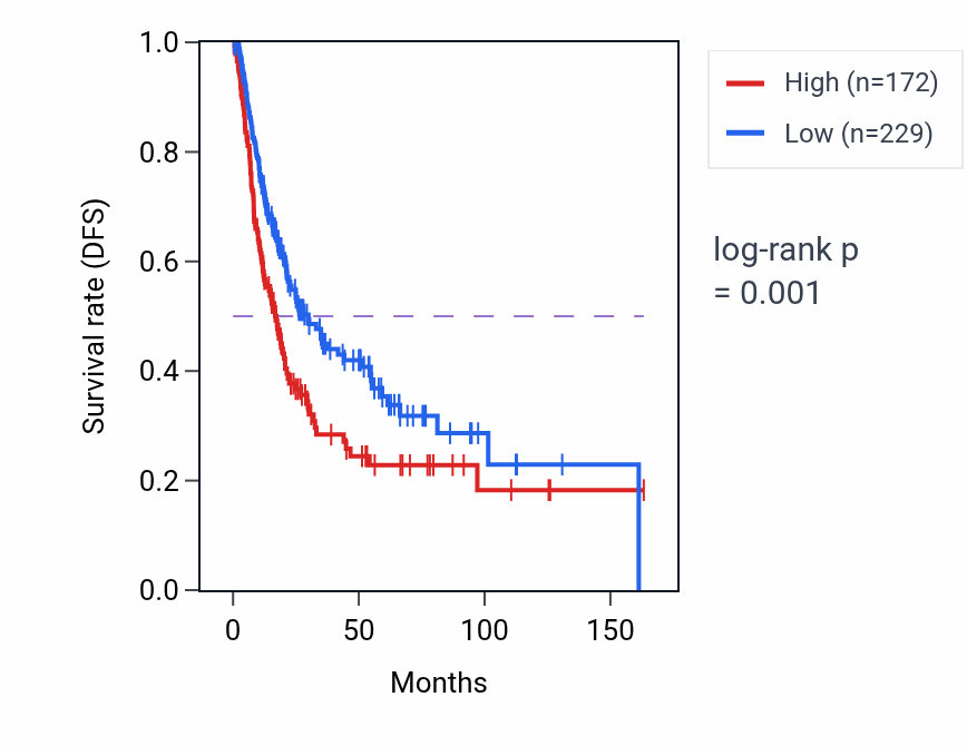 Kaplan&ndash;Meier survival curve for LINC02691 RNA expression in BLCA: high vs low expression groups.