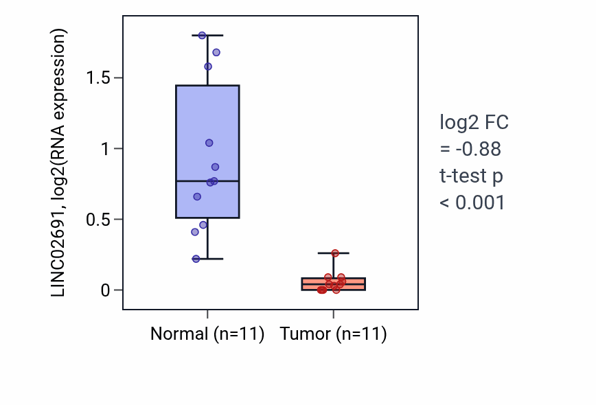 Tumor-vs-normal expression box plot for LINC02691 in KICH.