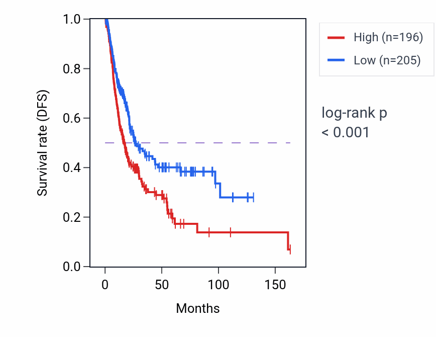 Kaplan&ndash;Meier survival curve for LINC02709 RNA expression in BLCA: high vs low expression groups.