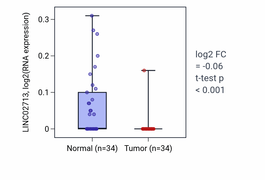 Tumor-vs-normal expression box plot for LINC02713 in KIRC.