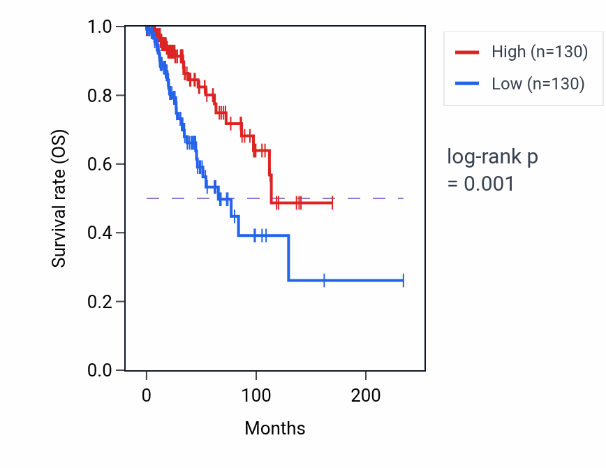 Kaplan&ndash;Meier survival curve for LINC02718 RNA expression in BRCA: high vs low expression groups.
