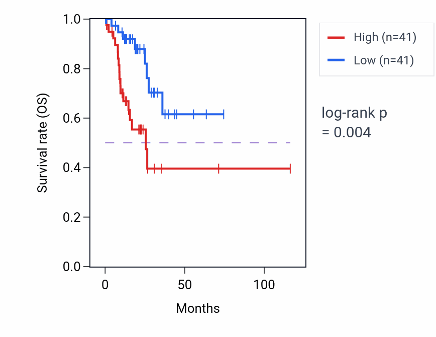 Kaplan&ndash;Meier survival curve for LINC02734 RNA expression in STAD: high vs low expression groups.