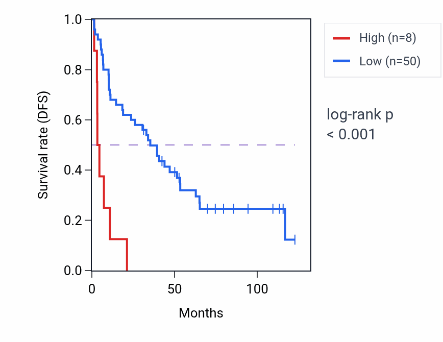 Kaplan&ndash;Meier survival curve for LINC02735 RNA expression in KIRC: high vs low expression groups.