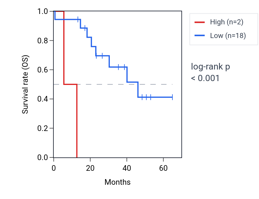 Kaplan&ndash;Meier survival curve for LINC02736 RNA expression in CHOL: high vs low expression groups.
