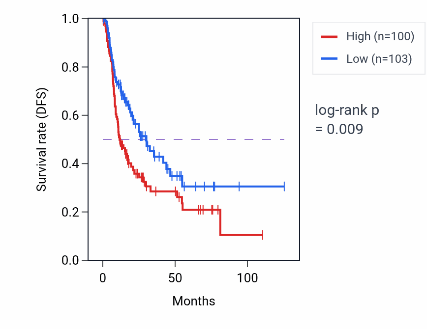 Kaplan&ndash;Meier survival curve for LINC02749 RNA expression in BLCA: high vs low expression groups.
