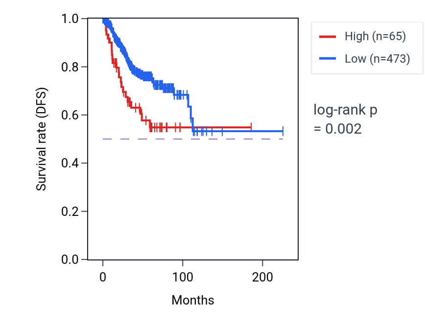Kaplan&ndash;Meier survival curve for LINC02782 RNA expression in UCEC: high vs low expression groups.