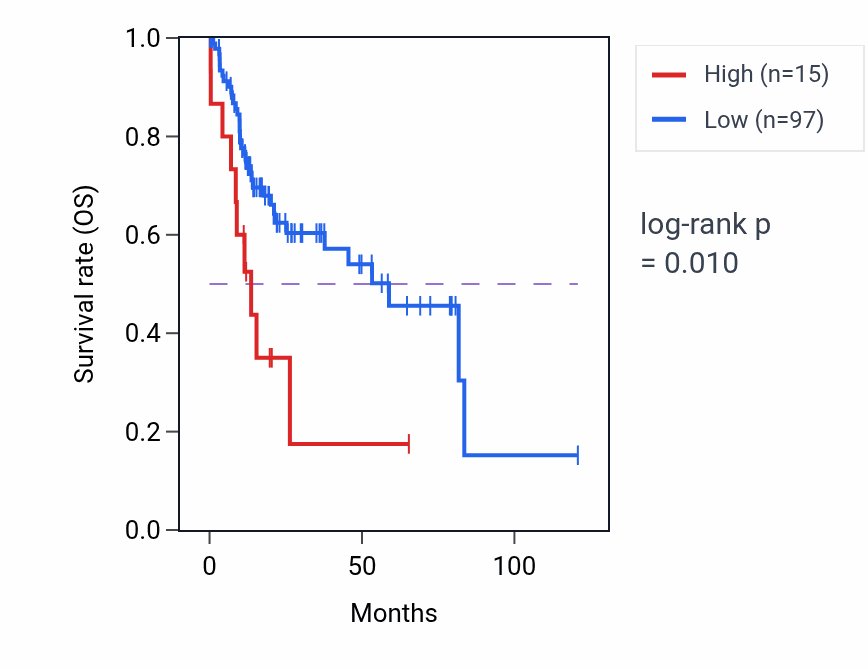 Kaplan&ndash;Meier survival curve for LINC02799 RNA expression in LIHC: high vs low expression groups.