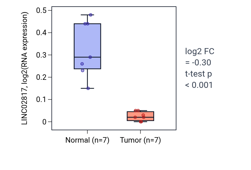 Tumor-vs-normal expression box plot for LINC02817 in LUSC.
