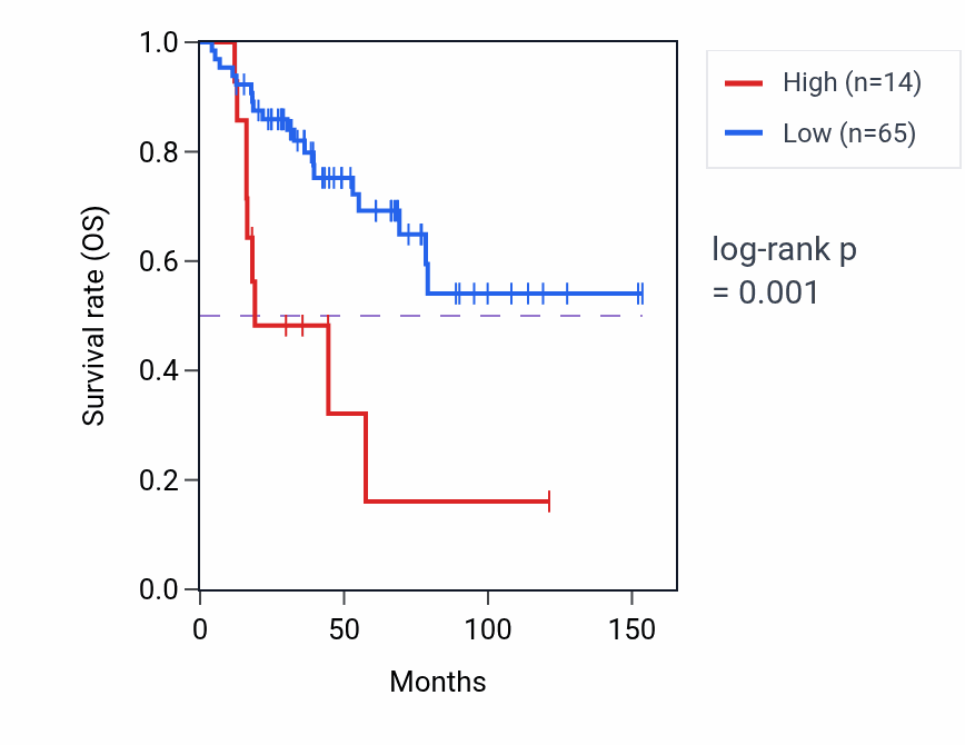 Kaplan&ndash;Meier survival curve for LINC02821 RNA expression in ACC: high vs low expression groups.