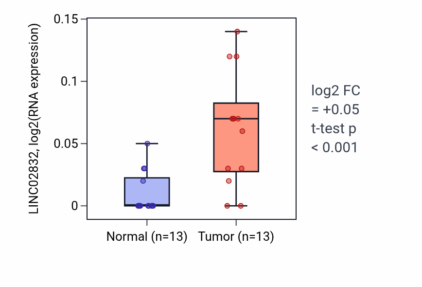 Tumor-vs-normal expression box plot for LINC02832 in COAD.