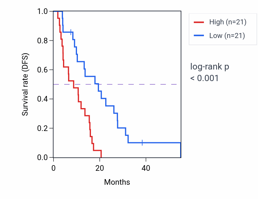 Kaplan&ndash;Meier survival curve for LINC02846 RNA expression in MESO: high vs low expression groups.