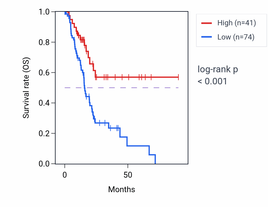 Kaplan&ndash;Meier survival curve for LINC02851 RNA expression in PAAD: high vs low expression groups.