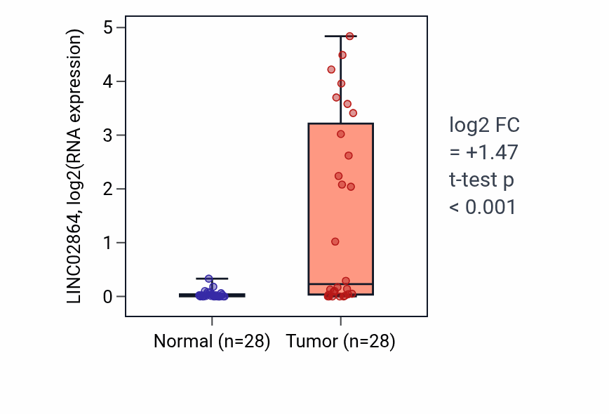 Tumor-vs-normal expression box plot for LINC02864 in LUAD.