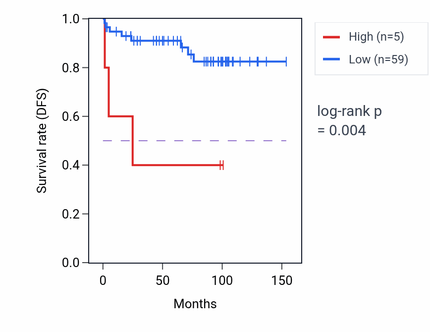 Kaplan&ndash;Meier survival curve for LINC02873 RNA expression in KICH: high vs low expression groups.