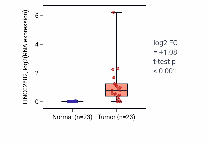 Tumor-vs-normal expression box plot for LINC02882 in LUAD.
