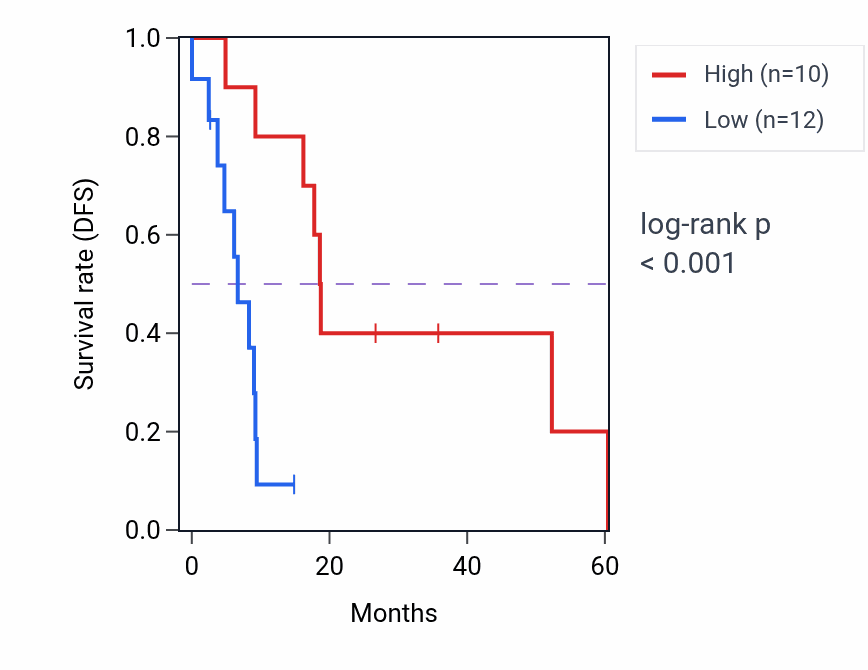 Kaplan&ndash;Meier survival curve for LINC02883 RNA expression in UCS: high vs low expression groups.