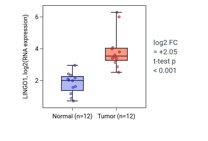 Tumor-vs-normal expression box plot for LINGO1 in KIRC.