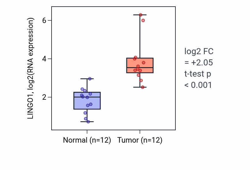 Tumor-vs-normal expression box plot for LINGO1 RNA in KIRC.