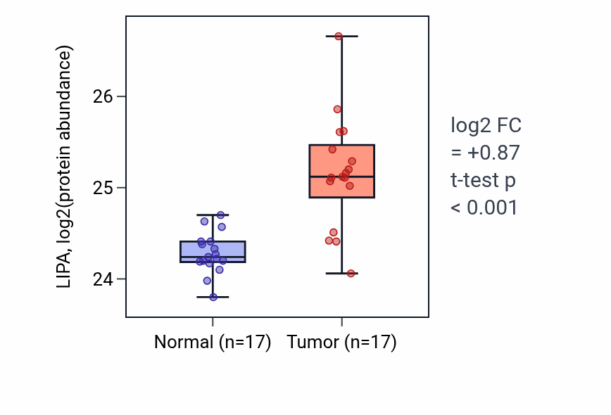 Tumor-vs-normal mass-spec protein box plot for LIPA in CCRCC.