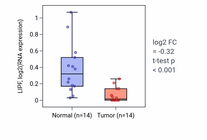 Tumor-vs-normal expression box plot for LIPF in THCA.