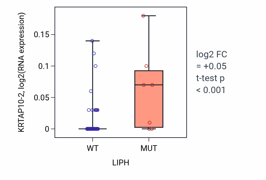 Box plot of KRTAP10-2 in LIPH-low vs LIPH-high samples in LARGE_INTESTINE.