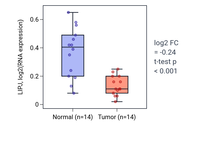 Tumor-vs-normal expression box plot for LIPJ in THCA.