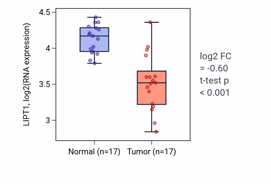 Tumor-vs-normal expression box plot for LIPT1 RNA in THCA.