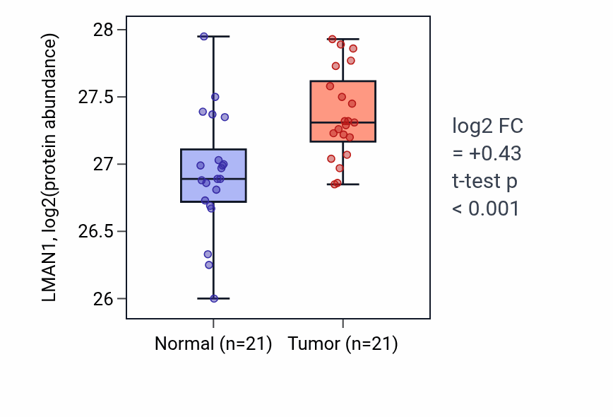 Tumor-vs-normal mass-spec protein box plot for LMAN1 in HNSC.