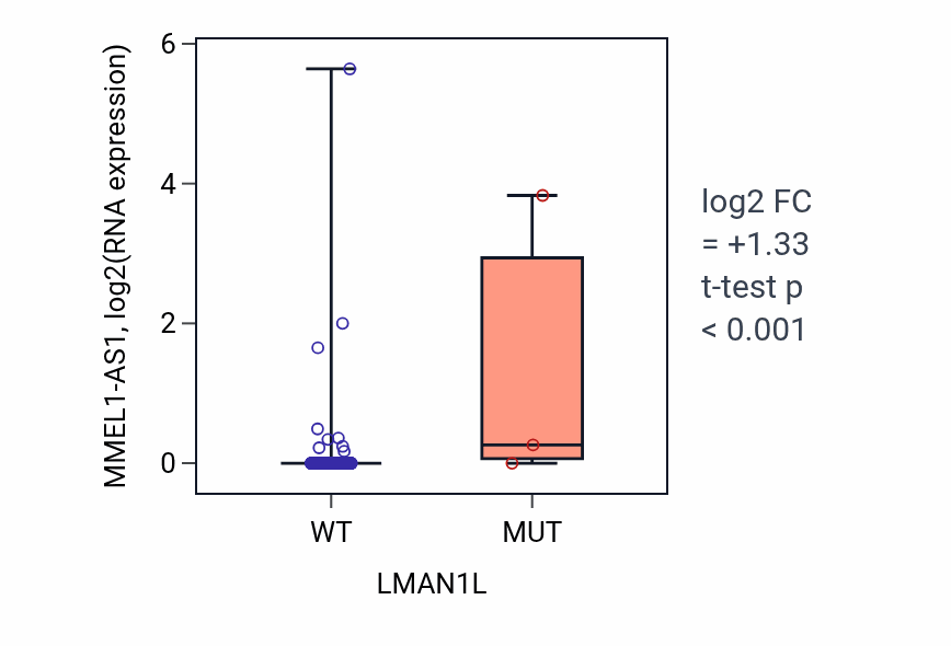 Box plot of MMEL1-AS1 in LMAN1L-low vs LMAN1L-high samples in BLCA.