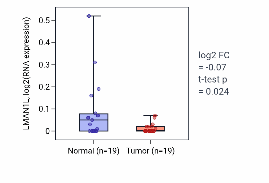 Tumor-vs-normal expression box plot for LMAN1L RNA in STAD.