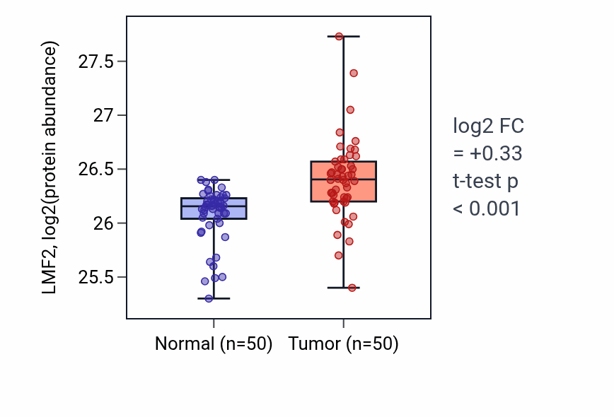 Tumor-vs-normal mass-spec protein box plot for LMF2 in CCRCC.