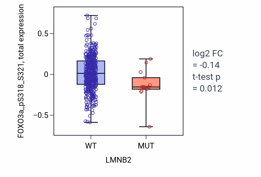 Box plot of FOXO3a_pS318_S321 in LMNB2-low vs LMNB2-high samples in UCEC.