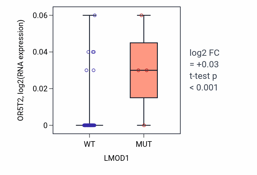 Box plot of OR5T2 in LMOD1-low vs LMOD1-high samples in SKIN.