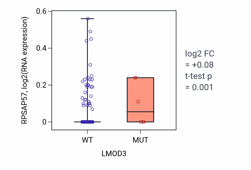 Box plot of RPSAP57 in LMOD3-low vs LMOD3-high samples in COAD.