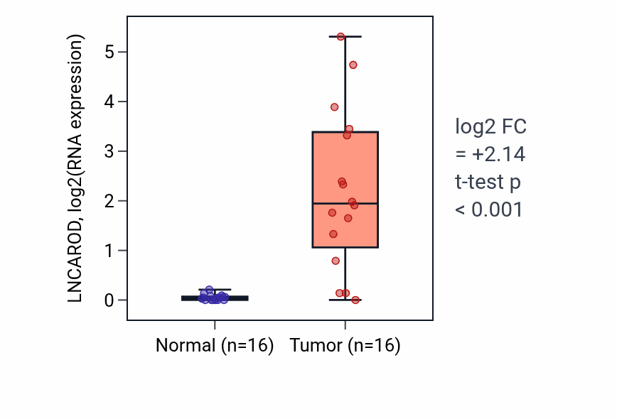 Tumor-vs-normal expression box plot for LNCAROD RNA in HNSC.
