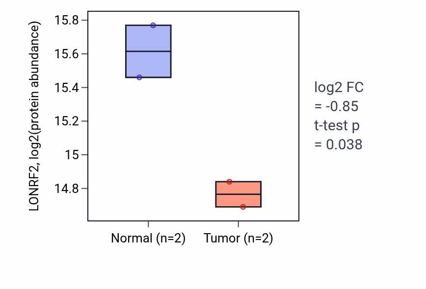 Tumor-vs-normal mass-spec protein box plot for LONRF2 in CCRCC.