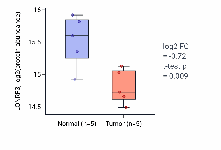 Tumor-vs-normal mass-spec protein box plot for LONRF3 in LSCC.