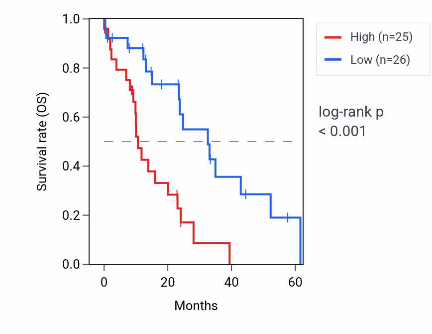 Kaplan&ndash;Meier survival curve for LOXL2 mass-spec protein-high vs -low samples in PDAC.