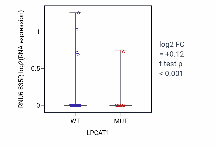Box plot of RNU6-835P in LPCAT1-low vs LPCAT1-high samples in COAD.