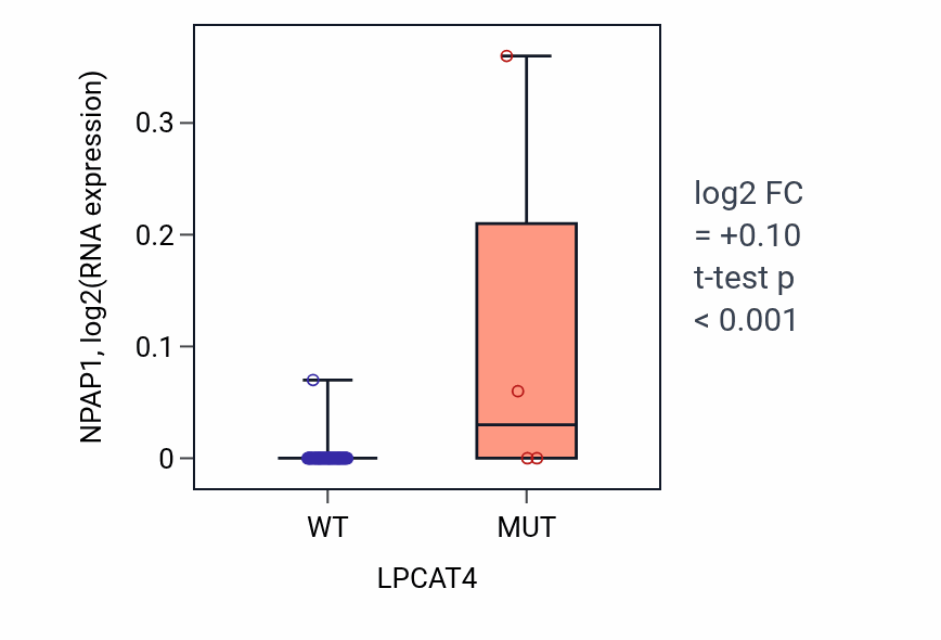 Box plot of NPAP1 in LPCAT4-low vs LPCAT4-high samples in LUNG_NSCLC_LUAD.