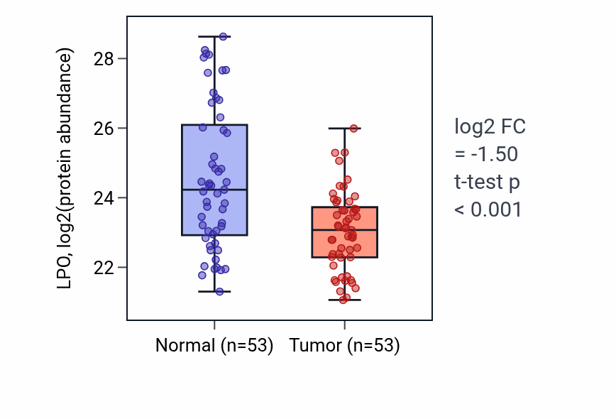 Tumor-vs-normal mass-spec protein box plot for LPO in HNSC.