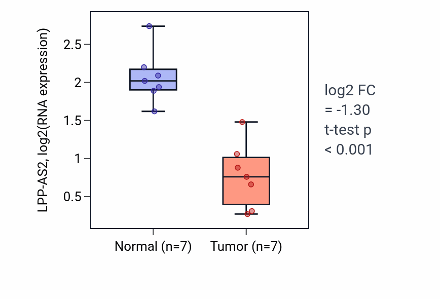 Tumor-vs-normal expression box plot for LPP-AS2 in THCA.