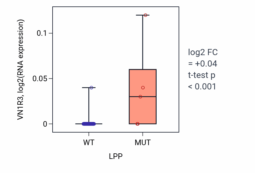 Box plot of VN1R3 in LPP-low vs LPP-high samples in BLOOD_Leukemia.