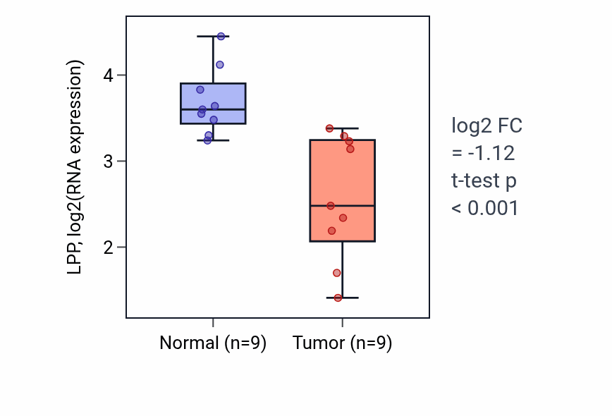 Tumor-vs-normal expression box plot for LPP RNA in THCA.