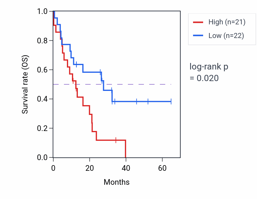 Kaplan&ndash;Meier survival curve for LRFN4 mass-spec protein-high vs -low samples in GBM.